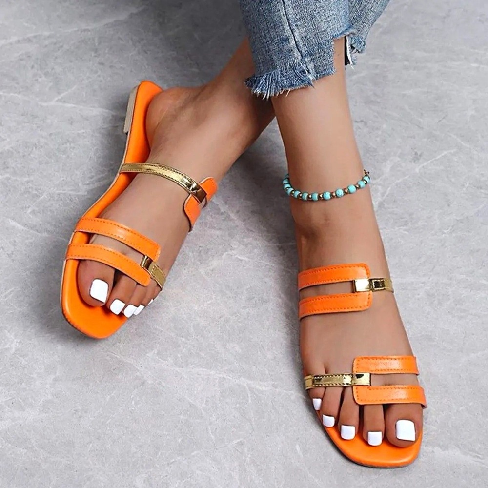 Orange Flat Slide Sandals Gold Accent Metallic Strap Open Toe Women Size 9